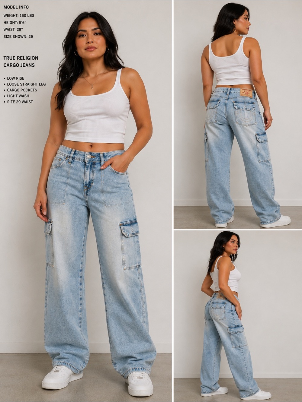 True Religion Light Bliss Wash, Demin Cargo Straight Jeans